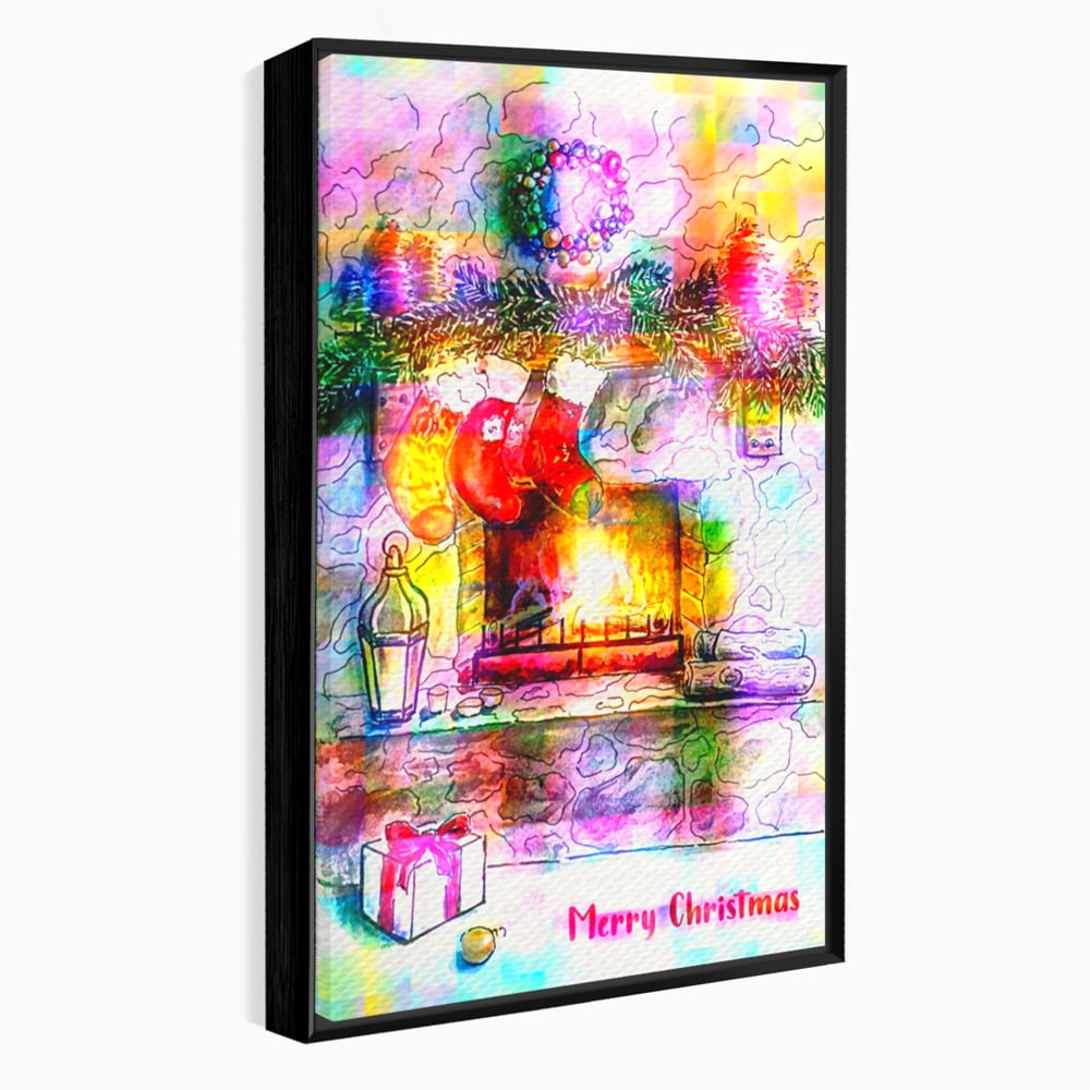 Tablou canvas cu tablou canvas cu peisaj festiv de craciun, in rama de aluminiu negru